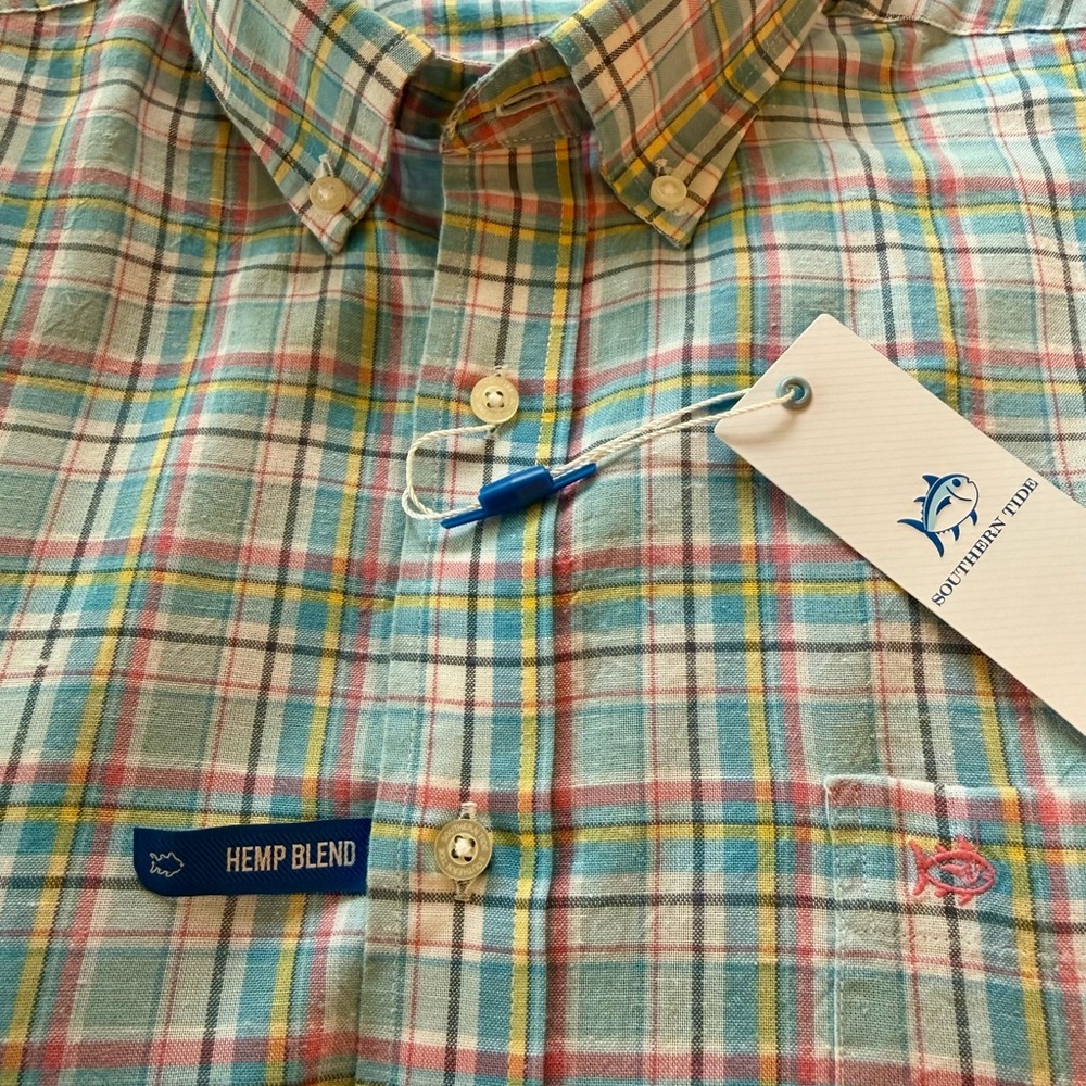 Southern Tide Plaid Button-Down Shirt in Teal, Yellow & Coral